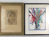 two framed pictures of a woman and a vase of flowers