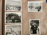 several black and white photos of people on a beach with umbrellas