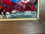 a picture of a painting of santa riding a horse in the snow