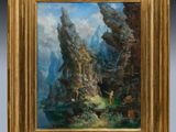 une peinture à l'huile représentant une scène de montagne avec une rivière au premier plan