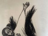 a drawing of a person reaching up to a bird in the air