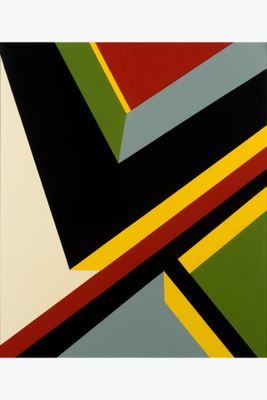 an abstract painting of multicolored lines and shapes on a white background