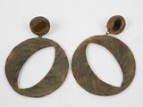 pair of wooden earrings with oval design and wooden bead