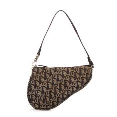 a brown and black handbag with a monogram pattern