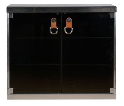 a close up of a black cabinet with two leather handles