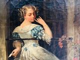 painting of a woman smoking a cigarette in a window sill