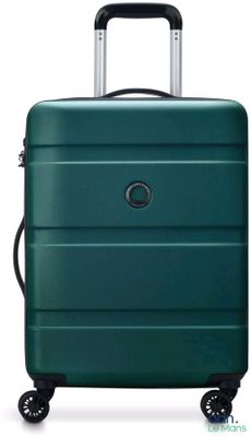 the green suitcase is sitting on wheels on a white surface