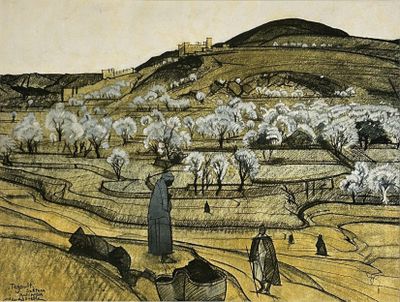drawing of a landscape with a man and a woman standing in the middle of a field