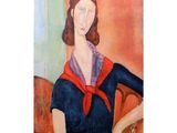tableau représentant une femme en robe bleue avec un foulard rouge