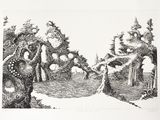 un dessin en noir et blanc représentant une scène de forêt