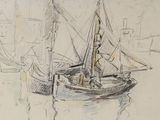 un dessin représentant un bateau sur l'eau, avec une ville en arrière-plan