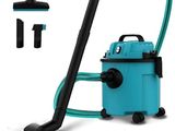an image of a blue vacuum cleaner with a black hose