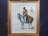 a painting of a man riding a horse with a basket of fruit on it