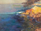 an oil painting of a rocky coast with a tree on top of it