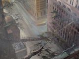 une peinture représentant une vue de la ville depuis le sommet d'un immeuble
