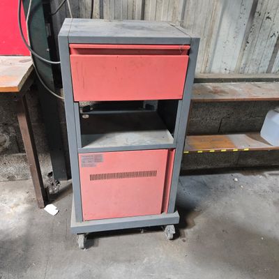 an image of a metal cabinet with two red drawers
