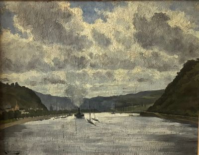 a painting of a boat on the water with mountains in the background