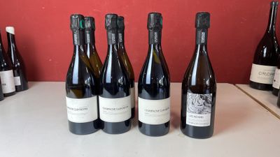 six bouteilles de vin sont alignées sur une table