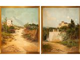 two paintings of a dirt road and a house on a hill
