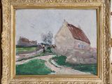 an oil painting of a farm scene with a house in the background