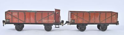 deux petits trains miniatures posés côte à côte sur une surface blanche