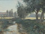 a painting of a stream running through a field