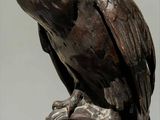 statue d'un hibou perché sur une branche d'arbre, sur fond gris
