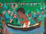 un tableau représentant une femme dans un bateau sur l'eau