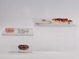 three pieces of jewelry on display on a white surface
