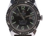 an image of a wrist watch with a black dial and black leather strap