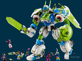 a green and white lego robot with a bunch of people around it