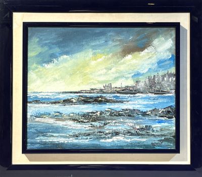 une peinture à l'huile représentant une vue de la ville depuis la mer