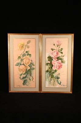 deux tableaux encadrés représentant des fleurs sur fond noir