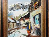 an oil painting of a man walking down a snow covered street
