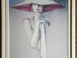 painting of a woman wearing a hat and holding a red umbrella