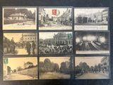 several old black and white photographs of people and horses in a town