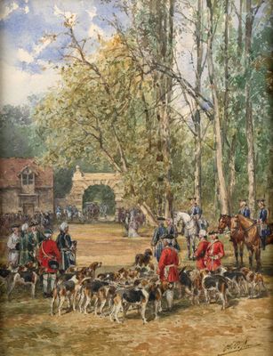 une image représentant un tableau où l'on voit un groupe de personnes accompagnées de chevaux et de chiens