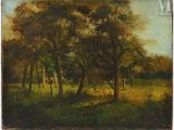 an oil painting of trees in a field with a sky in the background