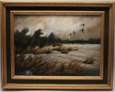 an oil painting of a flock of birds flying over a river