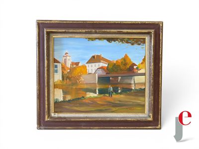 une image d'une peinture représentant un homme et un chien dans un champ