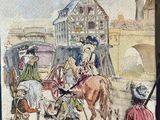 a painting of a horse drawn carriage with people on it