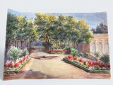 a painting of a garden with a fountain in the middle