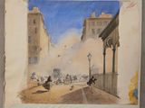 tableau représentant une scène de rue avec une calèche au milieu de la rue