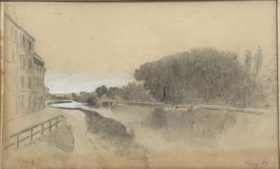 drawing of a view of a river with a bridge in the distance