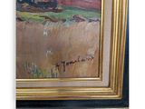 an oil painting of a farm scene with a plow and a cow