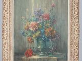 an oil painting of a vase of flowers on a table