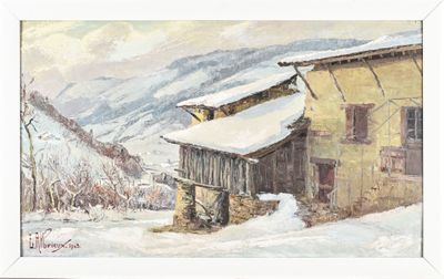 tableau représentant une vieille grange sous la neige, avec des montagnes en arrière-plan