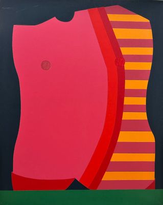 an abstract painting of a woman ' s torso with red and yellow stripes