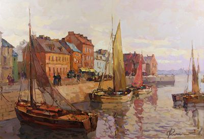 a painting of a harbor scene with boats in the water