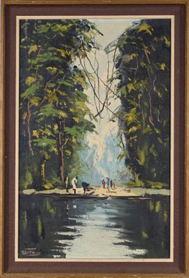 une peinture à l'huile représentant une rivière au bord de laquelle marchent des personnes
